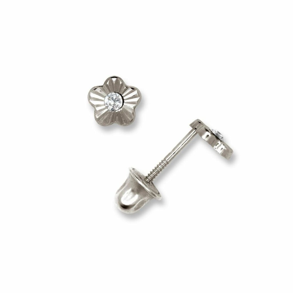 14k Solid White Gold 4mm Minimal Flower Screw Back Studs Set With Birthstones
